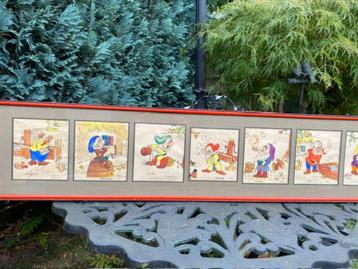 7 Disney schilderijtjes ‘De 7 Dwergen’ 1939 – in 1 lijst beschikbaar voor biedingen