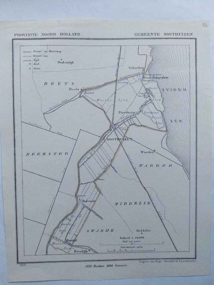 32 / Oosthuizen Kwadijk Beets Warder Schardam Middelie 1867, Antiek en Kunst, Kunst | Litho's en Zeefdrukken, Ophalen of Verzenden
