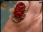 Geweldige antieke gouden ring Bloedkoraal bloemen 14 karaat, Sieraden, Tassen en Uiterlijk, Ringen, Goud, Goud, Dame, Kleiner dan 17