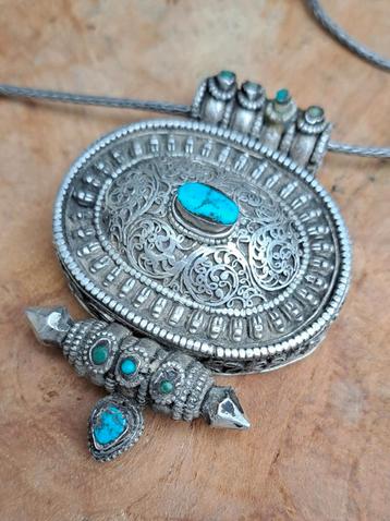 Tibet Himalaya - Zilver + Turquoise Amulet Gau beschikbaar voor biedingen