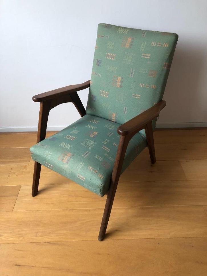 mid century teak stoel, Huis en Inrichting, Stoelen, Gebruikt, Eén, Hout, Stof, Bruin, Ophalen