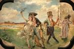 Een vrolijke wandeling in olieverf op canvas, Antiek en Kunst, Kunst | Schilderijen | Klassiek, Ophalen