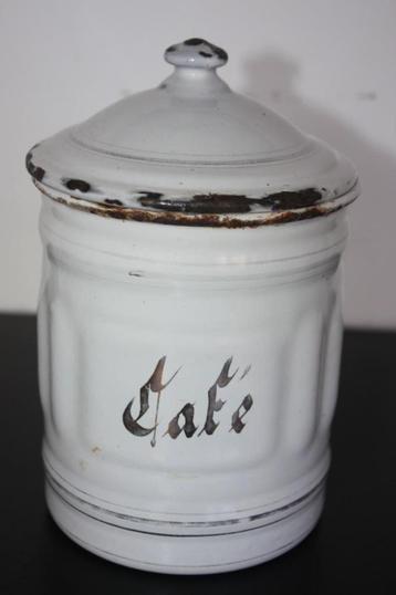 Frans wit emaillen voorraadblik met Café erop beschikbaar voor biedingen
