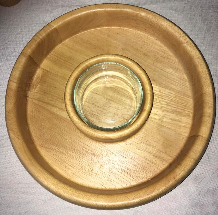 Grote Houten Dip Schaal met Glazen Bakje, Huis en Inrichting, Woonaccessoires | Schalen en Manden, Zo goed als nieuw, Schaal, Rond
