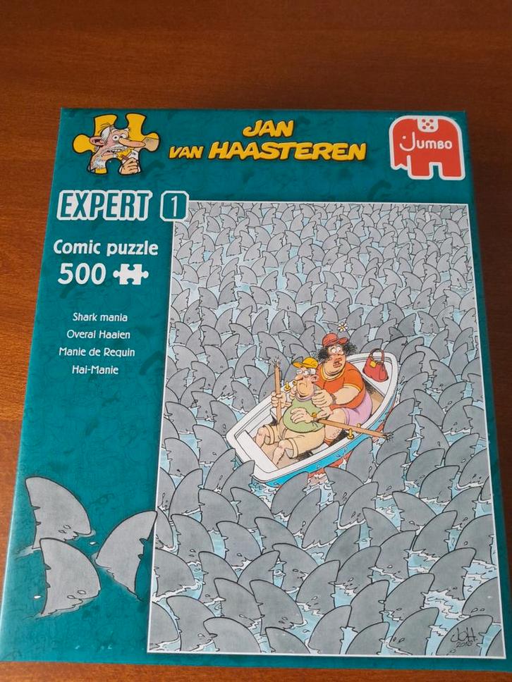 Jan v Haasteren expert puzzel 500 stukjes overal haaien, Hobby en Vrije tijd, Denksport en Puzzels, Zo goed als nieuw, Legpuzzel