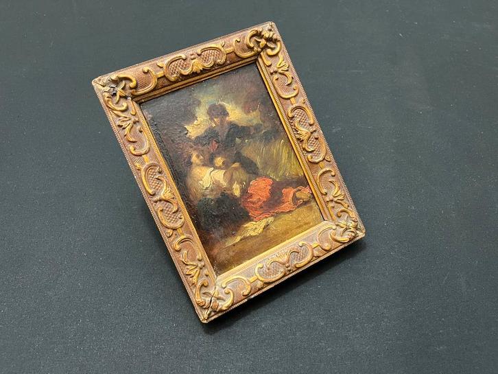 19e-eeuws schilderijtje met romantisch tafereel, Antiek en Kunst, Kunst | Schilderijen | Klassiek, Verzenden