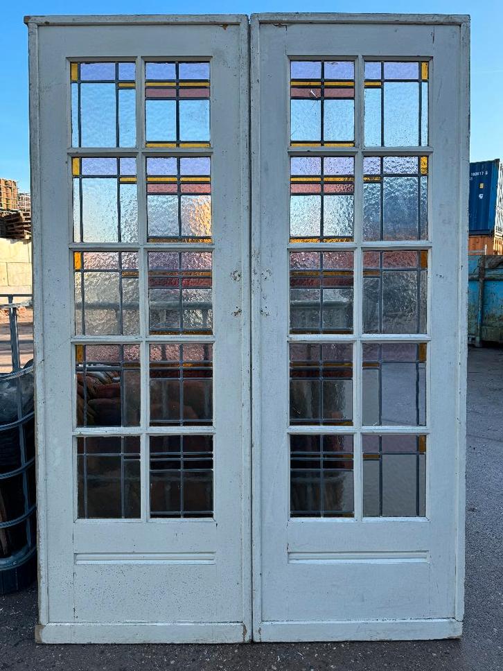 Set schuif / en-suite deuren met glas in lood 211x145cm., Antiek en Kunst, Curiosa en Brocante, Ophalen