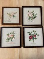 Vier borduurwerken rozen roosjes bloemen, Minder dan 50 cm, Ophalen of Verzenden, Zo goed als nieuw, Hout