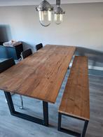 Eettafel met bank, hout  blad/zitting met stalen poten., Huis en Inrichting, Tafels | Eettafels, Ophalen, 200 cm of meer, 50 tot 100 cm