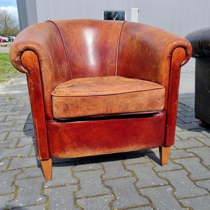 Schapenleren fauteuil + hocker én GRATIS BEZORGING, Huis en Inrichting, Fauteuils, Gebruikt, Leer, 75 tot 100 cm, 75 tot 100 cm