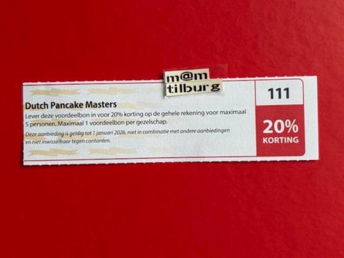 Bon 111 Dutch Pancake Masters 20% korting, Tickets en Kaartjes, Kortingen en Cadeaubonnen, Drie personen of meer, Overige typen