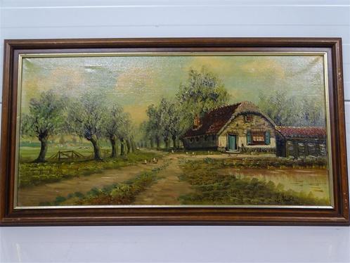 A5056 Shilderij met landschap en met een huis, Antiek en Kunst, Kunst | Schilderijen | Klassiek, Ophalen of Verzenden