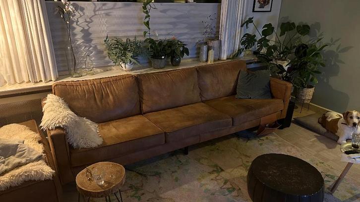 BePure Home 3 zits Bank met  hocker. Cognac kleur., Huis en Inrichting, Banken | Bankstellen, Gebruikt, Rechte bank, Driepersoons