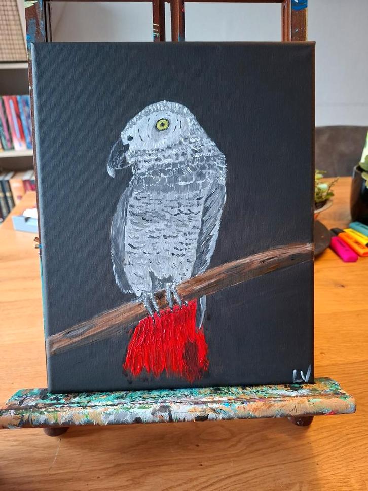 Grijze Roodstaart Papegaai - Acryl Schilderij, Antiek en Kunst, Kunst | Schilderijen | Klassiek, Ophalen of Verzenden