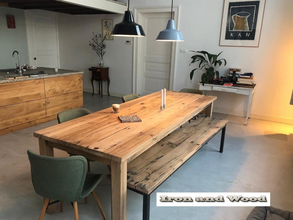 Wagonplanken tafel op maat van robuust oud eiken evt bankje, Ophalen, Nieuw