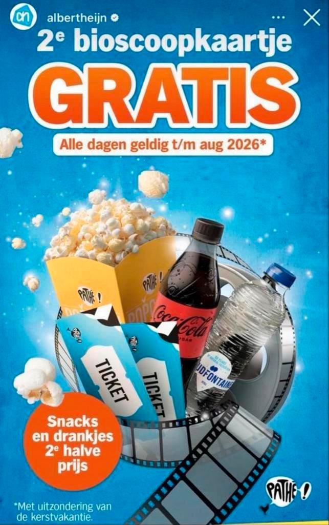 AH spaarkaart 2e bioscoopkaartje GRATIS, Tickets en Kaartjes, Kortingen en Cadeaubonnen, Twee personen, Overige typen, Kortingsbon