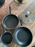 Set van 3 pannen, Ophalen of Verzenden, Gebruikt, Rvs, Pannenset
