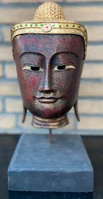 Grote Hout boeddha hoofd op sokkel 42 cm uit Thailand, Ophalen of Verzenden