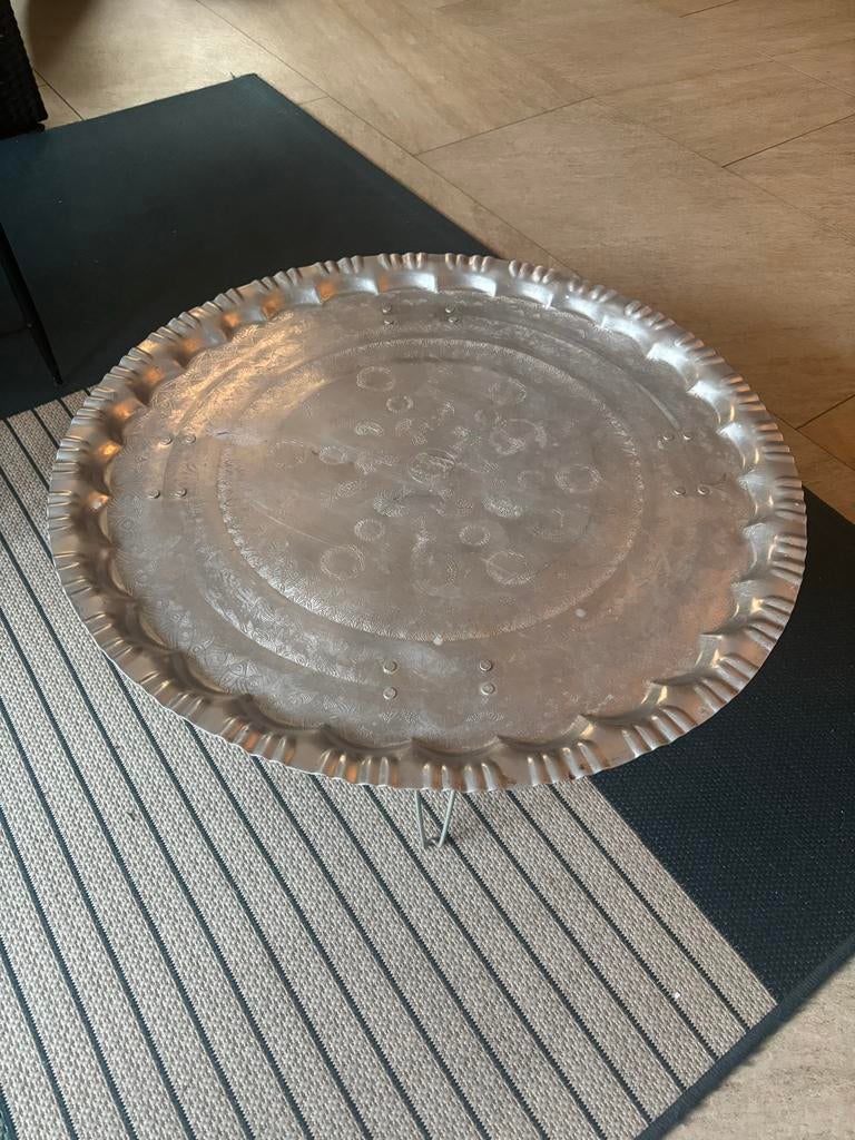Oosterse bijzettafel / dienblad - zilver - inklapbaar, Huis en Inrichting, Tafels | Bijzettafels, Gebruikt, Rond, Minder dan 45 cm