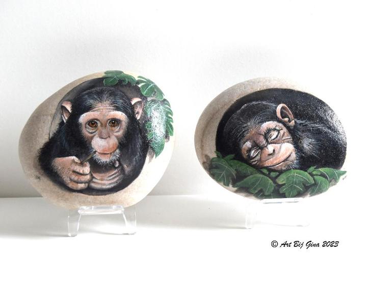 Uniek tweeluik van 2 apenkoppen geschilderd op steen, Antiek en Kunst, Kunst | Overige Kunst, Ophalen of Verzenden