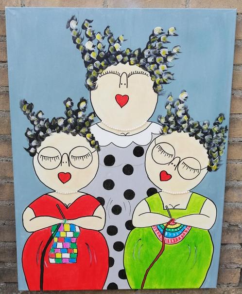 Dikke Dames Breien. Acryl doek ~ spieraam. 60/80 cm., Huis en Inrichting, Woonaccessoires | Wanddecoraties, Zo goed als nieuw