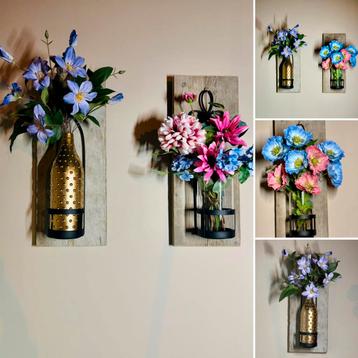 Nieuw! Muur vaas op hout / wandvaas / schilderij met boeket beschikbaar voor biedingen