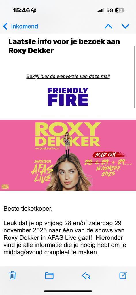 2 kaarten roxy dekker 29-11 20:00 normale prijs, Tickets en Kaartjes, Concerten | Pop, Twee personen