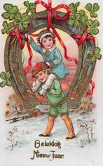 NIEUWJAAR Kinderen hoefijzer klavertjes uit 1934. Goudopdruk, Verzenden, 1920 tot 1940, Gelopen, Feest(dag)