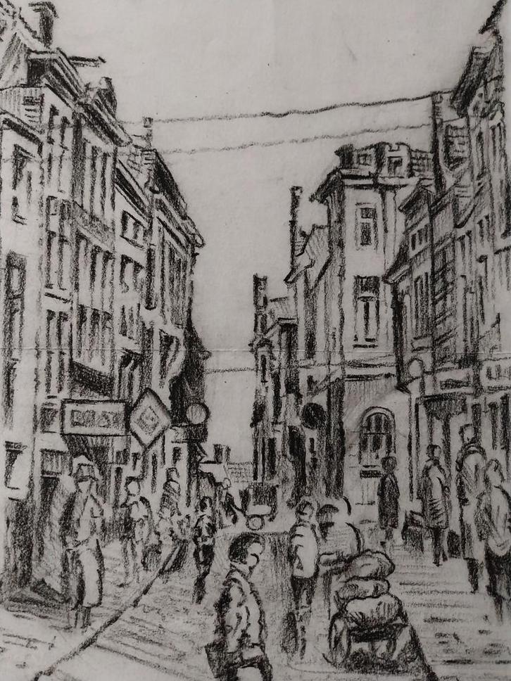 Tekening Herenstraat Groningen R. Abbringh., Antiek en Kunst, Kunst | Tekeningen en Foto's, Ophalen of Verzenden