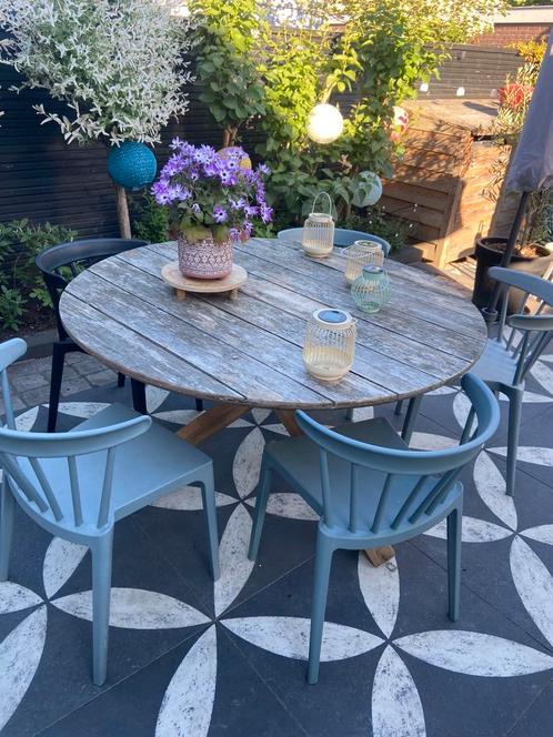 Hard hout tuintafel rond 135 cm, Tuin en Terras, Tuintafels, Gebruikt, Rond, Hout, Ophalen