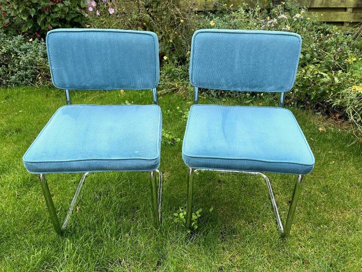Brovst buisframe stoelen, twee stuks. Ribstof/chroom, Huis en Inrichting, Stoelen, Zo goed als nieuw, Twee, Metaal, Stof, Blauw