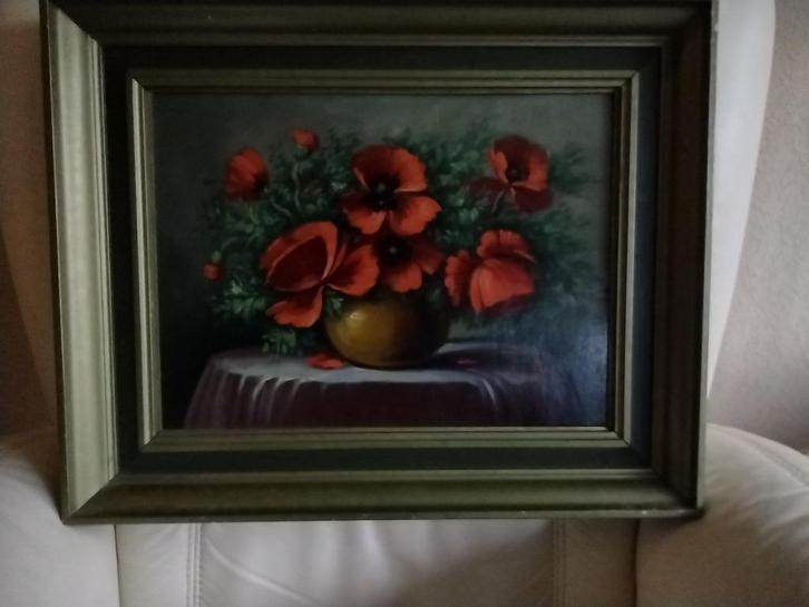 Bloem stil leven Klaprozen in Vaas staande op Tafel, Antiek en Kunst, Kunst | Schilderijen | Klassiek, Ophalen of Verzenden
