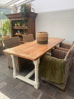 Antieke Kloostertafel met 6 rieten stoelen, Huis en Inrichting, Ophalen, Zo goed als nieuw, 4 tot 6 stoelen