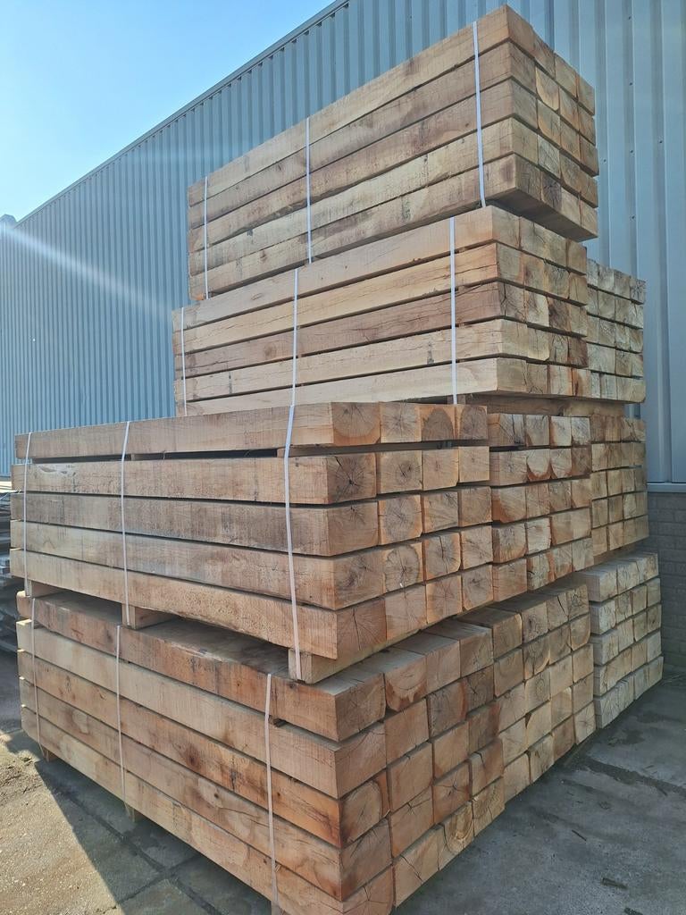 Nieuwe blank eiken  balken  Spoorbielzen  bielzen, Tuin en Terras, Bielzen en Borders, Nieuw, Ophalen