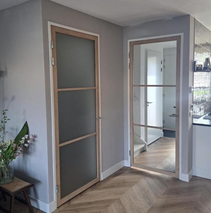 Industriële eiken binnendeur met glas, Doe-het-zelf en Verbouw, Deuren en Horren, Nieuw, Binnendeur, 200 tot 215 cm, 80 tot 100 cm