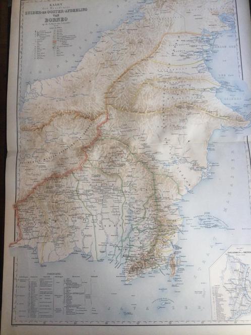 Indonesië, Zuid en Oost Borneo; grote kaart, 1899, Antiek en Kunst, Kunst | Etsen en Gravures, Verzenden