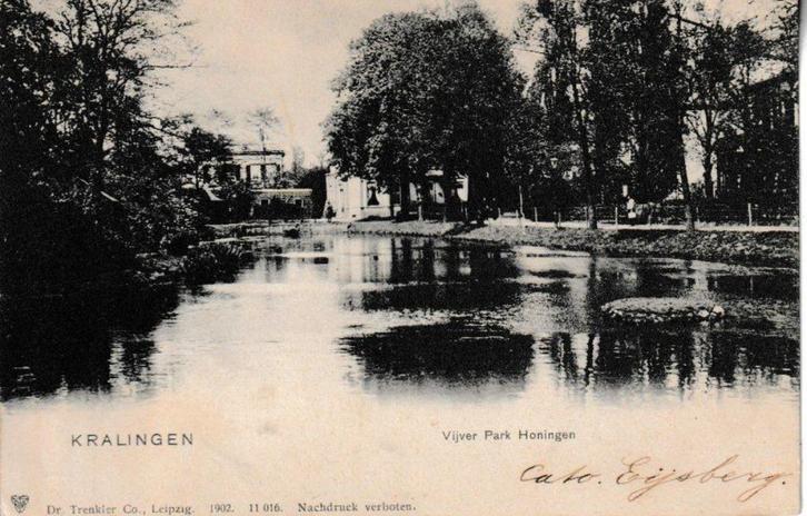 KRALINGEN - VIJVER PARK HONINGEN, Verzamelen, Ansichtkaarten | Nederland, Gelopen, Zuid-Holland, Voor 1920, Ophalen of Verzenden