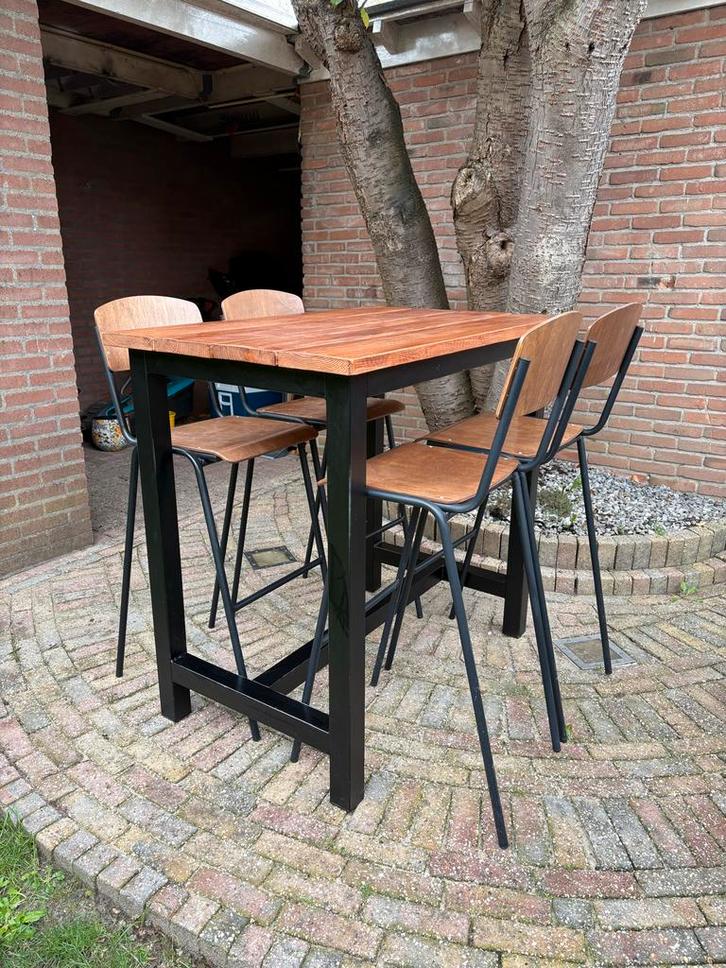 Hoge tafel met barstoelen - Douglas hout, Huis en Inrichting, Tafels | Eettafels, Gebruikt, Rechthoekig, Ophalen