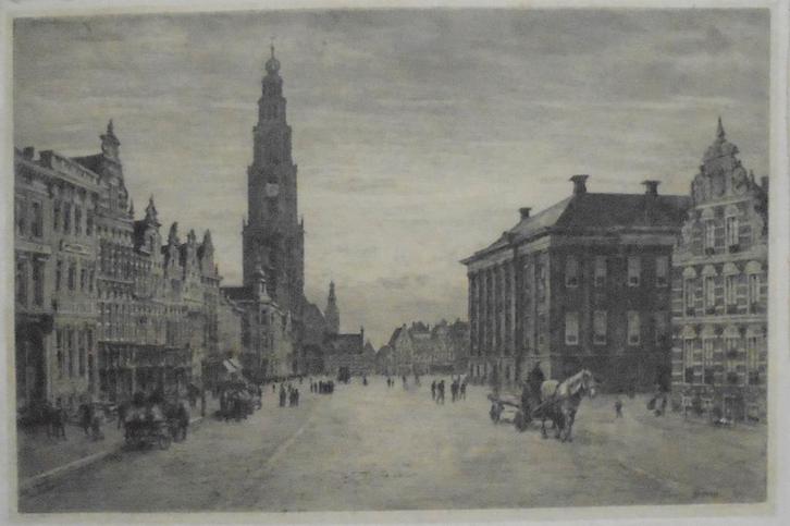 W.J.Dingemans .1873-1925.Groningen in 1920, zeer grote ets!!, Antiek en Kunst, Kunst | Etsen en Gravures, Ophalen