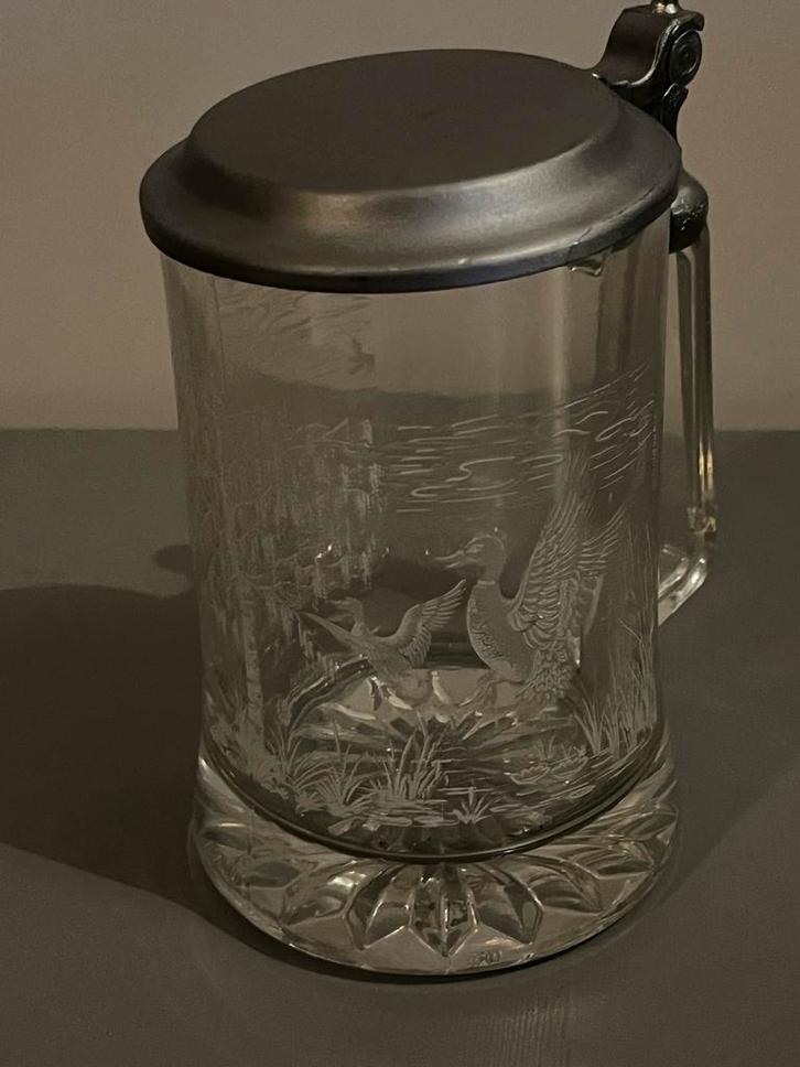 Glazen Jachtbierpul met Tinnen Deksel, Antiek en Kunst, Antiek | Glas en Kristal, Ophalen of Verzenden