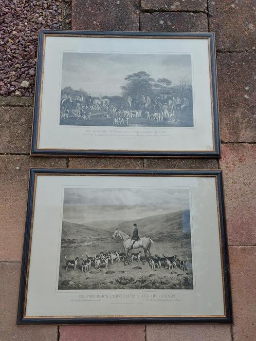 2x Vintage Jachtprenten in Lijst, Antiek en Kunst, Kunst | Etsen en Gravures, Ophalen