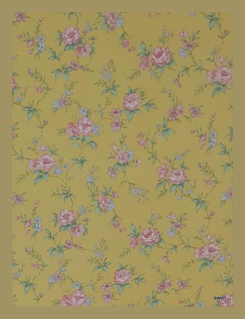 4719 Geel oud bloemenbehang vintage vrolijk retro 80s swiet, Huis en Inrichting, Stoffering | Behang, Geel, Groen, Roze, minder dan 10 m²