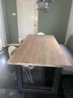 Massief eiken eettafel whitewash + stalen onderstel U, Huis en Inrichting, Tafels | Eettafels, Ophalen, Eikenhout, 200 cm of meer