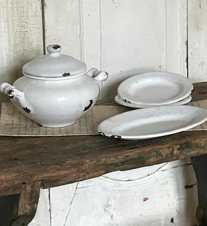 SALE……….. kinder emaille setje wit 4 delig, Antiek en Kunst, Antiek | Emaille, Verzenden