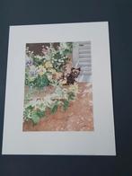prent tekening poes kat bloemen Frankrijk David 1989 nr 8140, Verzamelen, Dierenverzamelingen, Overige typen, Ophalen of Verzenden