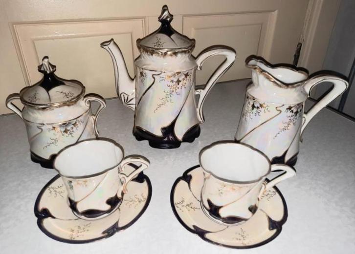 Antiek parelmoer têt à têt porselein thee/koffie servies, Antiek en Kunst, Antiek | Servies compleet, Ophalen of Verzenden