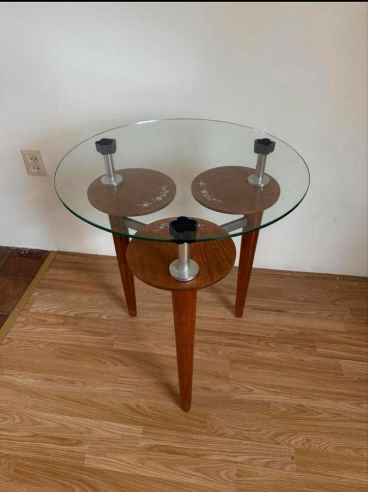 Borek Sipek Tafeltje – Glas, Hout & Parelmoer, Huis en Inrichting, Tafels | Bijzettafels, Zo goed als nieuw, Rond, 60 cm of meer