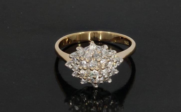 24 diamanten luxe rozet 14k gouden entourage dames ring, Sieraden, Tassen en Uiterlijk, Ringen, Zo goed als nieuw, Dame, Kleiner dan 17