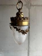 Antieke Franse hanglamp – matglas & messing – ca. 1920–1940, Ophalen of Verzenden, Gebruikt, Glas, Minder dan 50 cm