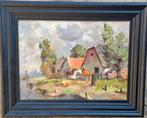 Hoeve aan de vaart. Olie/doek. Ca '50/'70.  100/81 cm., Ophalen, Zo goed als nieuw, Schilderij, 100 tot 125 cm